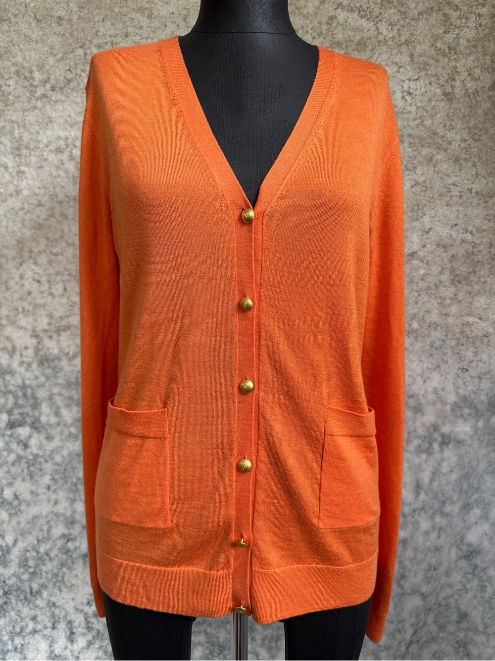 St. John Orange Wool & Silk V Neck Cardigan - Small